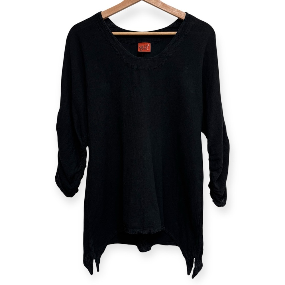 Oh My Gauze 100% Cotton Cinched‎ Sleeve Asymmetric Hem Longline Blouse Top